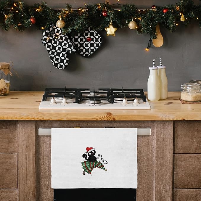 Black Cat Christmas Towels, Cat Lovers Gift, 16x24 in