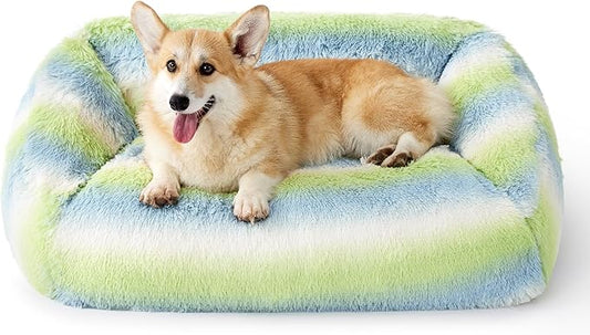 Lesure Dog Bed Medium Size - Cute Furry Calming Puppy Beds, Rectangle Washable Indoor Pet Beds with Removable Zipper Cover, 35x25x11inches, Green Stripe