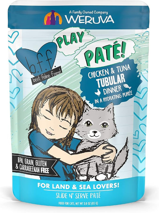 Weruva B.F.F. Play - Best Feline Friend Paté Lovers, Aw Yeah!, Chicken & Tuna Tubular with Chicken & Tuna, 3oz Pouch (Pack of 12)