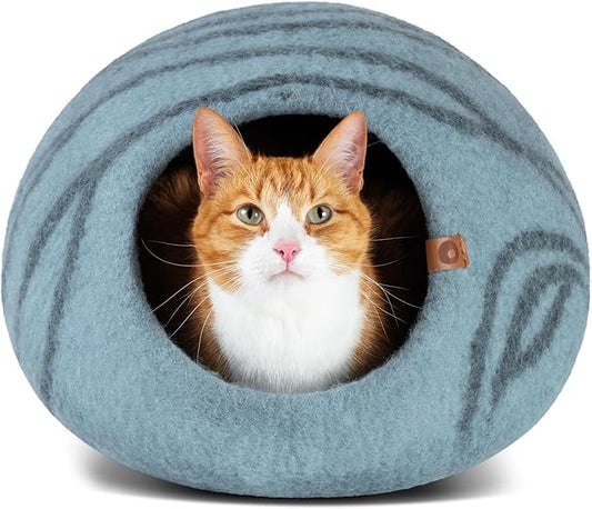 MEOWFIA Cat Cave – Premium Felt Cat Bed for Indoor Cats, Handmade 100% Merino Wool (Light Shades) (Medium, Aquamarine)