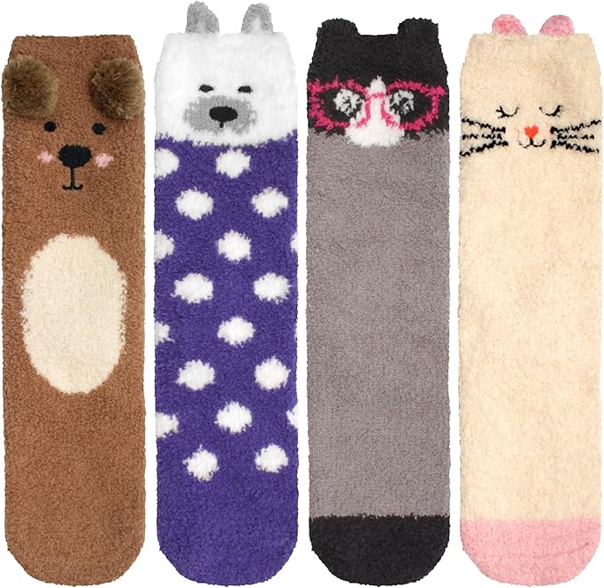 BambooMN Super Soft Warm Cute Furry Animal Non-Slip Fuzzy Cozy Fluffly Crew Winter Home Socks, Value Pack