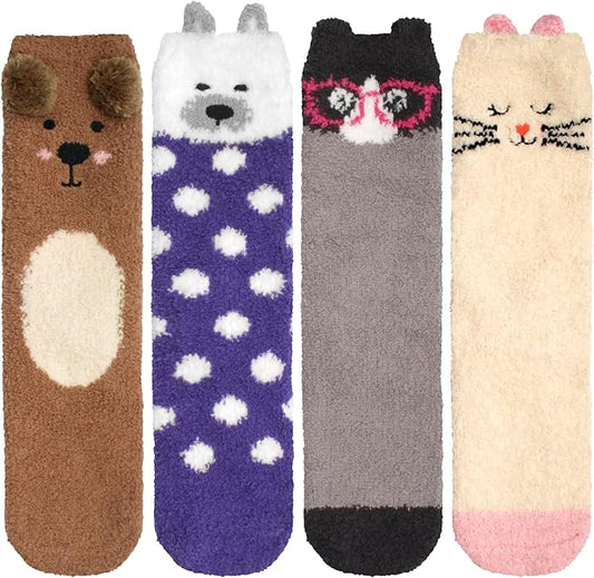 BambooMN Super Soft Warm Cute Furry Animal Non-Slip Fuzzy Cozy Fluffly Crew Winter Home Socks, Value Pack