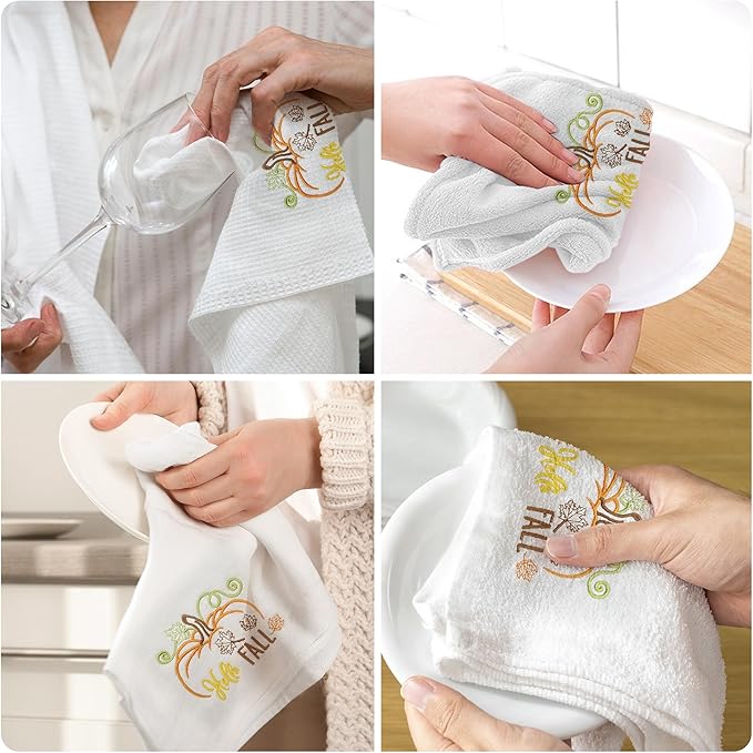 Hexagram Fall Hand Towels Set of 2, Hello Fall Bathroom Embroidered Towels, Pumpkin Hand Towel for Bathroom 14" x 30", Autumn Decorations for Home