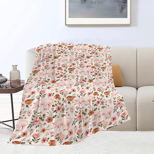 Farmhouse Pig Blanket - Cute Floral Throw, Super Warm Soft Plush Lightweight Fleece Flannel Decor for Couch Sofa Bedding - Gifts for Pig Lovers Women Men Girls Boys - 50"X60"