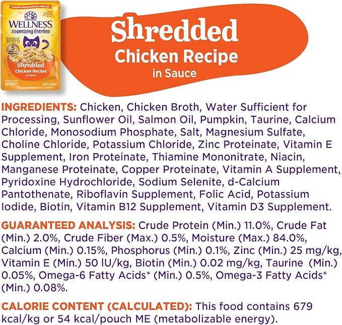 Wellness® Appetizing Entrées™ Shredded Chicken Recipe in Sauce Natural Wet Cat Food, 1.4 oz Pouch (Pack of 8)