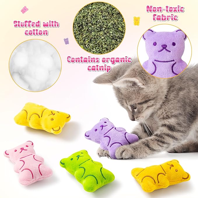 MALLMALL6 Catnip Toys for Cat - 5Pcs Gummy Colorful Bear Catmint Interactive Cat Toy for Indoor Cats, Soft Plush Candy Cat Supplies, Kitten Teething Chew Toy Set, Cute Pet Gifts for Cat Lover