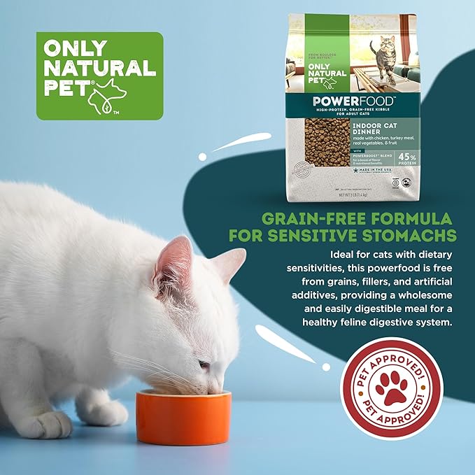 Only Natural Pet Powerfood Poultry Indoor Cat Dinner Dry Food - High-Protein Grain Free Kibble for Adult Cats, Made in USA and Supports Skin & Coat, Heart, & Immune Health, 3 Lb Bag