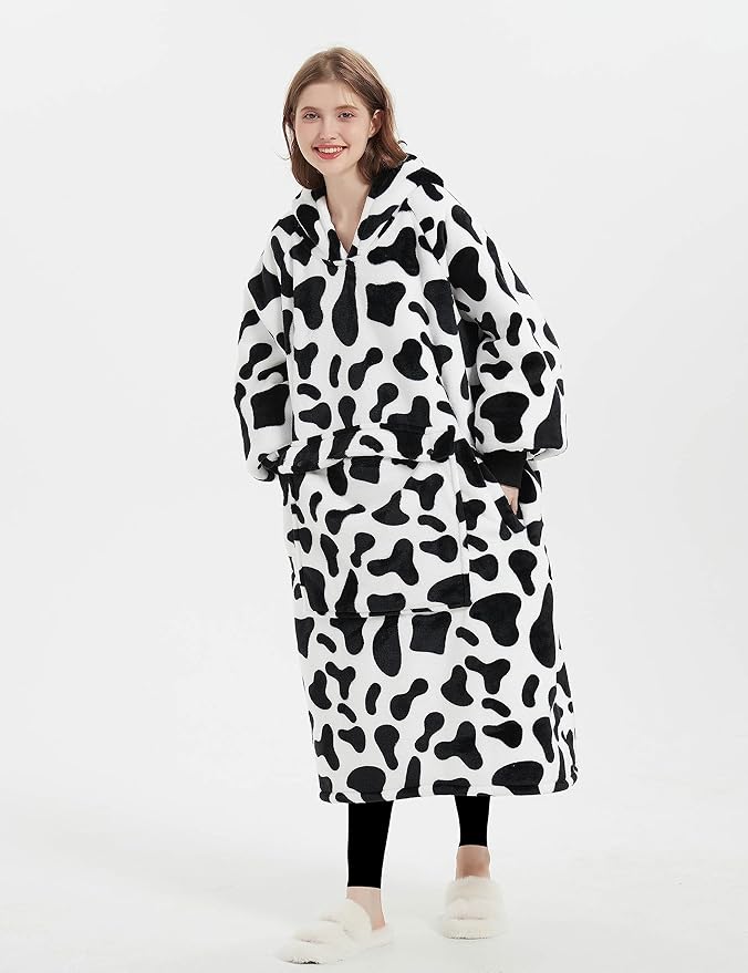 KFUBUO Wearable Blanket Hoodie for Adult Long Sherpa All Patterns Cow Oversized Hoodie Sweatshirt Blanket Cute Birthday Gifts for Women