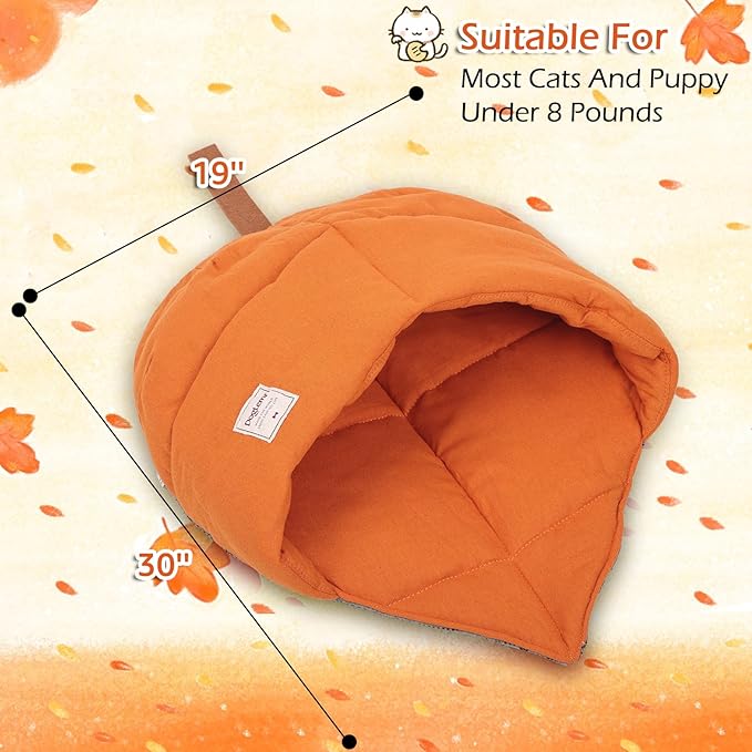 Cat Sleeping Bag,Cozy Cat Bed Cave Leaf Nest,Linen Fabric Pet Cuddle Zone,Covered Hide Warm Burrowing Soft Durable Washable Cat Bed for Indoor Puppy and Kitten(Maple Leaf Orange)