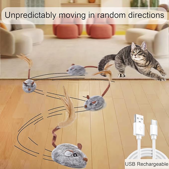 Suhaco Cat Toys for Indoor Cats Automatic Random Moving Mouse Kitten Toys, Interactive Kitty Mice Toys Electric Cat Toys with Feather Tail for Boredom USB Rechargeable Kitty Toys