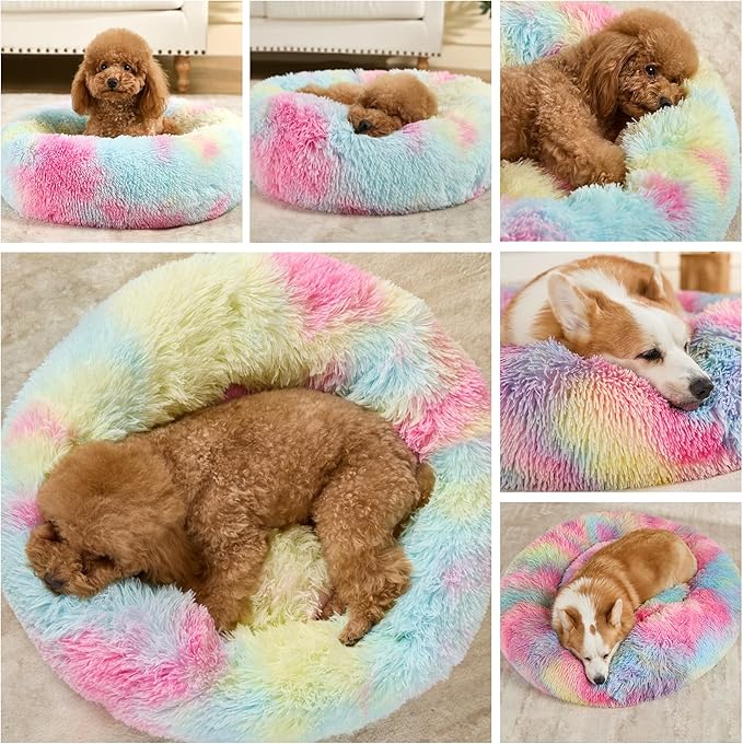 Dog Bed Calming Dog Beds for Small Medium Large Dogs - Round Donut Washable Puppy Dog Bed, Anti-Slip Faux Fur Fluffy Donut Cuddle Anxiety Cat Pet Bed(24'' Color)