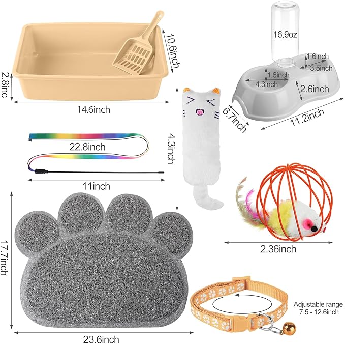 7 Pcs Small Cat Kitten Starter Kit Cat Litter Box with Shovel Cat Paw Litter Mat Double Automatic Cat Bowls Cat Toy Teaser Stick Cat Collar Essentials Kits for 1-3 Lbs Beginner (Khaki,Simple)