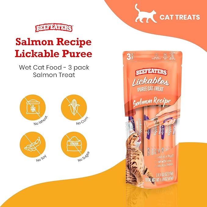 Beefeaters Cat Treats - Salmon Recipe Lickable Puree 1.59oz, Case of 12 | Real Cat Food Salmon Treat | No Corn/Soy/Wheat, Sugar-Free | Training Treats