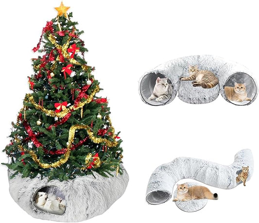 Cat Tunnel Bed for Indoor Cats Multifunctional Large Cat Tunnel 3 in 1 Cat Tubes and Tunnels Peekaboo Cat Cave Fluffy Donut-Shape Pet Play Tunnel for Multiple Cats Kitten Small Puppies (Grey)