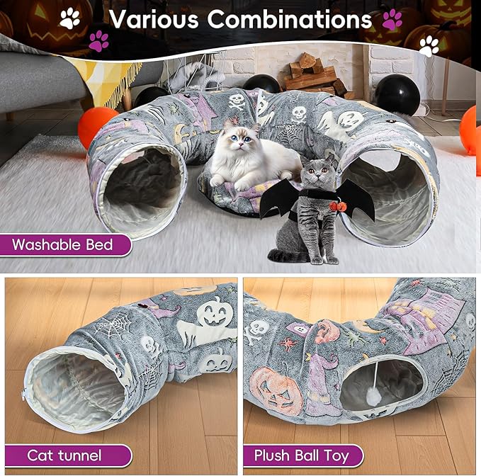 Halloween Cat Tunnel Bed, Cat Tunnels for Indoor Cats Large with Bat Wings, Foldable Cat Donut Tunnel with Soft Mat and Dangling Balls, Cat Play Tunnel Toy with Ghost, Spider Web Pattern Decorations