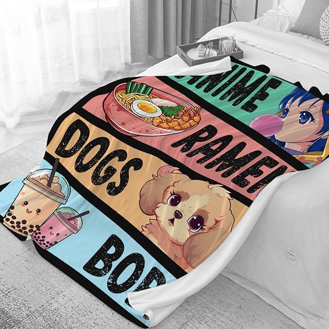 Anime Blanket Gifts for Girls - Kawaii Decor for Women, Ramen Dogs Boba Flannel Blanket - Luxurious Warm and Cozy XL 90x120 Inch for Family