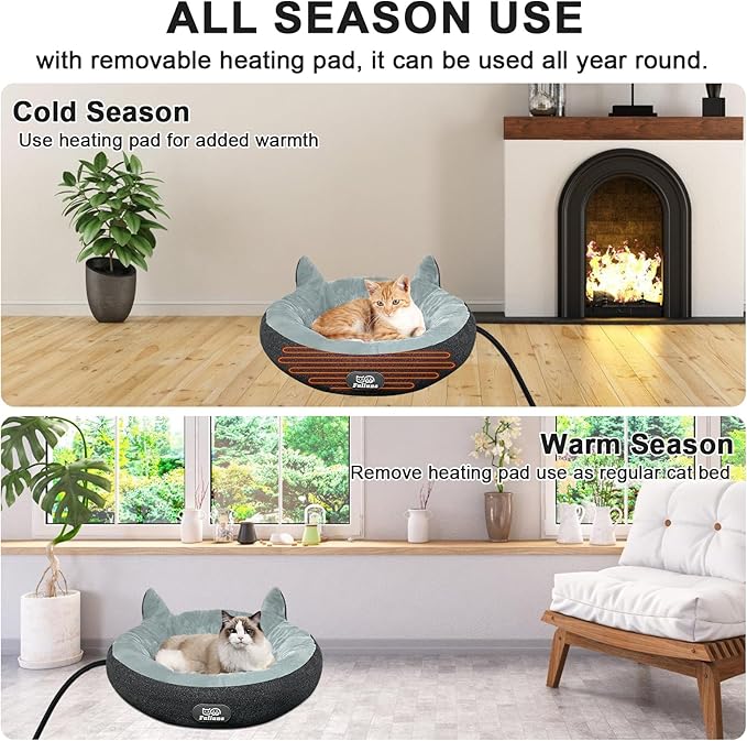 Heated Cat Bed for Indoor Cats, Round Indoor Heated Pet Bed with Timer & Temp Adjustable, 19" Donut Cat Heated Bed Cozy Electric Pet Heating Pad with Chew Resistant Cord for Kitten Cat.