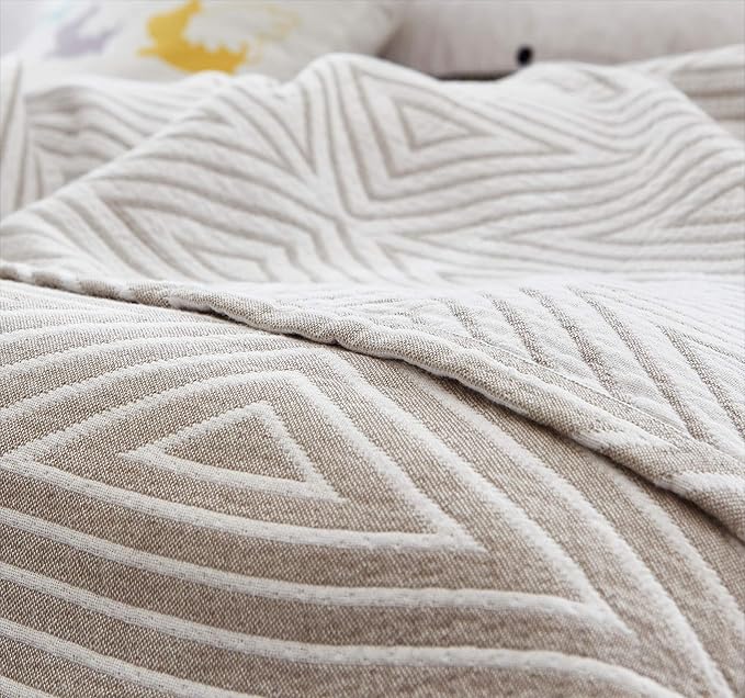 MEJU Muslin Crey Checks Stripes Triange Reversible Throw Blanket for Bed Sofa Couch 100% Combed Cotton 3 Layer Soft Warm Quick Dry Bedspread Throw Blanket Bed Coverlet Sheet Twin 60 in x 80 in