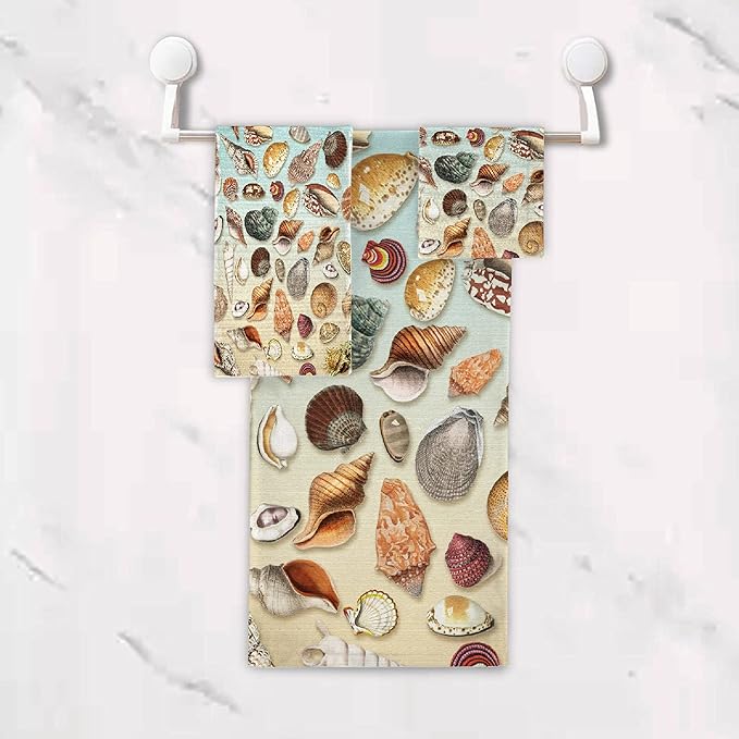 Vintage Seashells 3 Piece Towel Bathroom Sets, 1 Bath Towel, 1 Washcloth, 1 Hand Towel, Cotton Fast Dry Soft Absorbent Towel Set for Home Kitchen Family