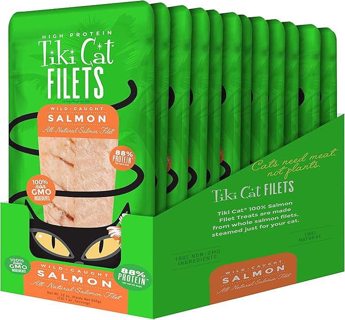 Tiki Cat Filet, All Natural Wild Caught Salmon, Single Ingredient High Moisture Non-GMO Wet Cat Food Topper, for All Life Stages, 1 oz. Pouch (Pack of 12)