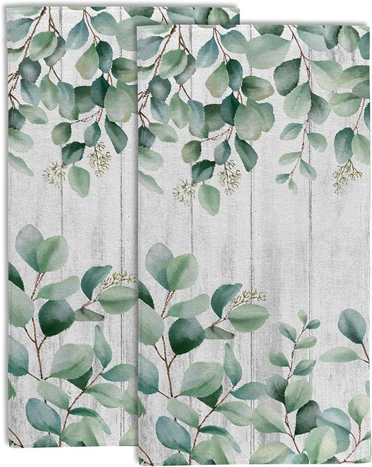 Green Eucalyptus Bouquet on White Board Bathroom Hand Towel Set of 2,Watercolor Eucalyptus Leaves Fingertip Kitchen Hand Towel,Soft Absorbent Decorative for Hotel Home Decor