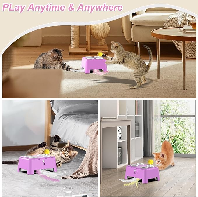 Cat Toys, Interactive Cat Toys, 2-in-1 Automatic Cat Toy, 4 Holes Mice Whack A Mole Cat Mouse Toy with Moving Feather, Portable USB Rechargeable Electronic Kitten Toys (Pink)