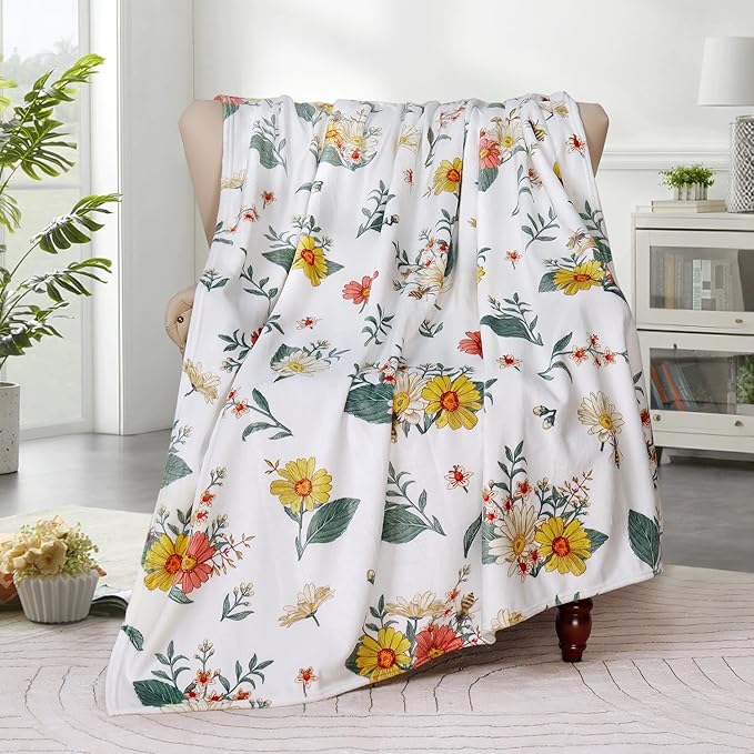 Floral Flower Throw Blanket Bee Flannel Fleece Throw Blanket Botanical Plant Cozy Fuzzy Plush Throw Blankets for Bed Chair Couch 60" X 80"