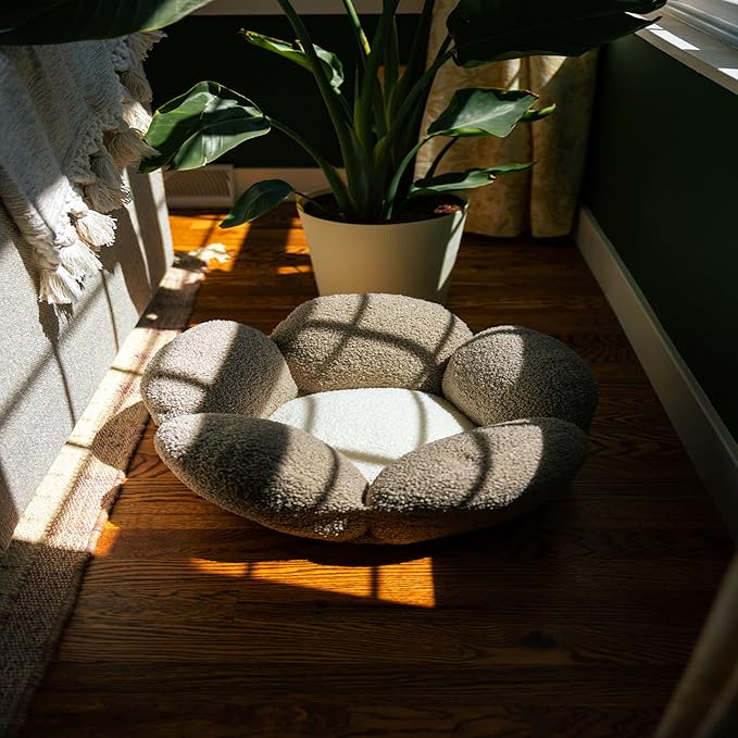 Catstages Purrfect Petals Washable Flower Shaped Round Cat Bed for Indoor Cats, Plush, Tan