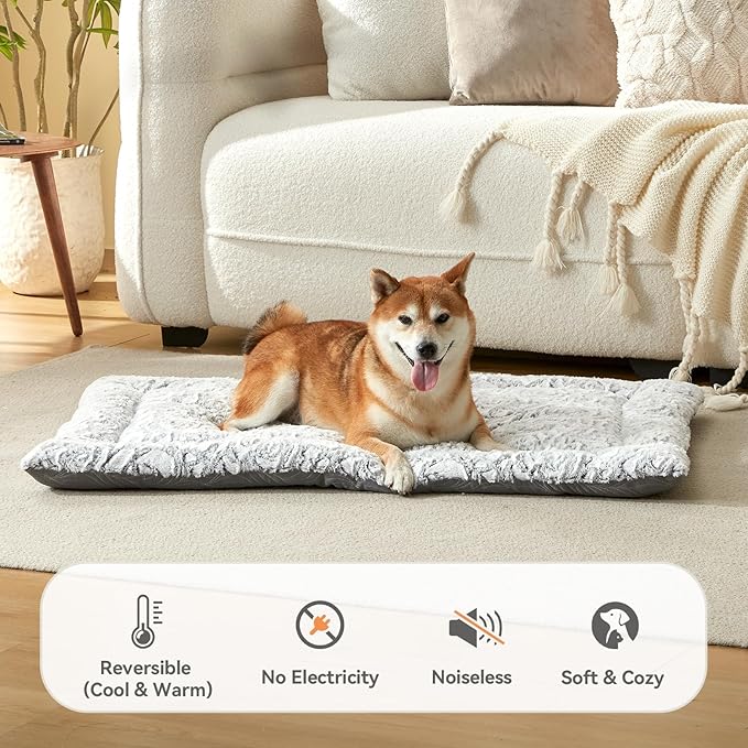 2 in 1 Dog Bed Crate Pad Mat Washable Reversible (Cool & Warm) Soft Fluffy Pet Kennel Beds for Large Medium Small Puppy Cat Sleeping Mattress Machine Wash Dog Cooling Mats (Grey, 41"*27"1.5")