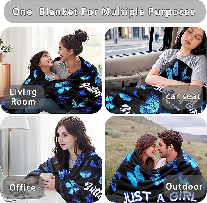 Blue Butterfly Blanket for Women & Girls, Butterfly Throw Blanket, Decor for Bedroom - 60" X 50"