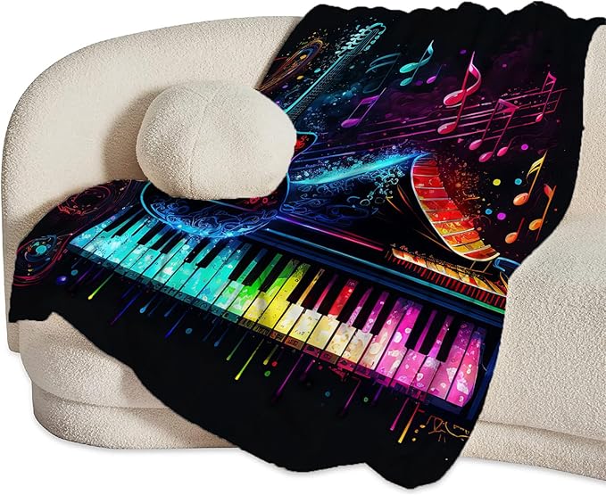 Colorful Guitar Blanket Ultra Soft Cozy Music Note Piano Throw Blanket Fleece Fuzzy Plush Bedding Rock Musical Instrument Gifts for Women Girls Kids Adults 80"x60"