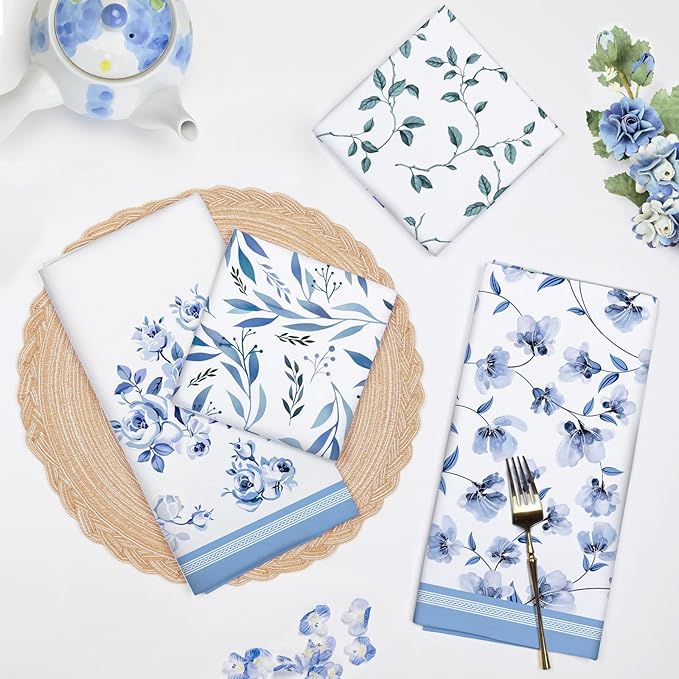 Blue Flower Leaves Tea Towels, 100% Cotton Kitchen Towel Set 20×27.5inch, Multi-Purpose Quick Dry Dish Towels Dishcloths Hand Towels Bar Towels(Set of 4)