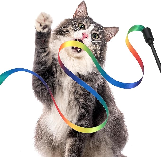 Amaxiu Cat Wand Toy Set, Interactive Cat Wand Toy with Rainbow Ribbon String, Rainbow Cloth String, Leopard Print Cloth String for Small Cats Kittens Indoor Training Catcher (3 Packs)