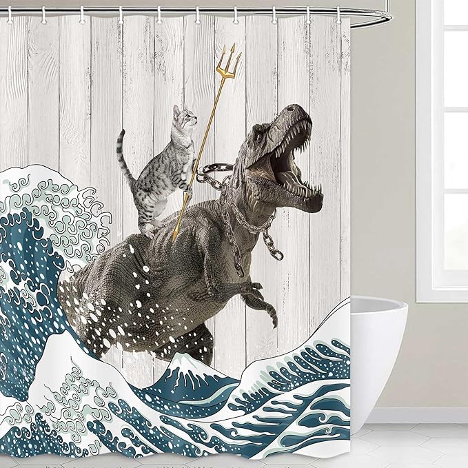 Boziqr Funny Cat Shower Stall Curtain, Cool Cat Dinosaur Japanese Ocean Wave Decor Fabric Bathroom Curtains, Kids Children Rustic Wooden Farmhouse Shower Curtain, 60 X 70 Inches