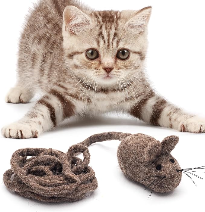 Glaciart One Felt Mouse Cat Toy – Soft Fuzzy Enrichment 100% Natural Wool Toy - Interactive Catnip Play Cat Toy Set - Safe for Pets, Non-AZO Colored Dyes - 100” Long