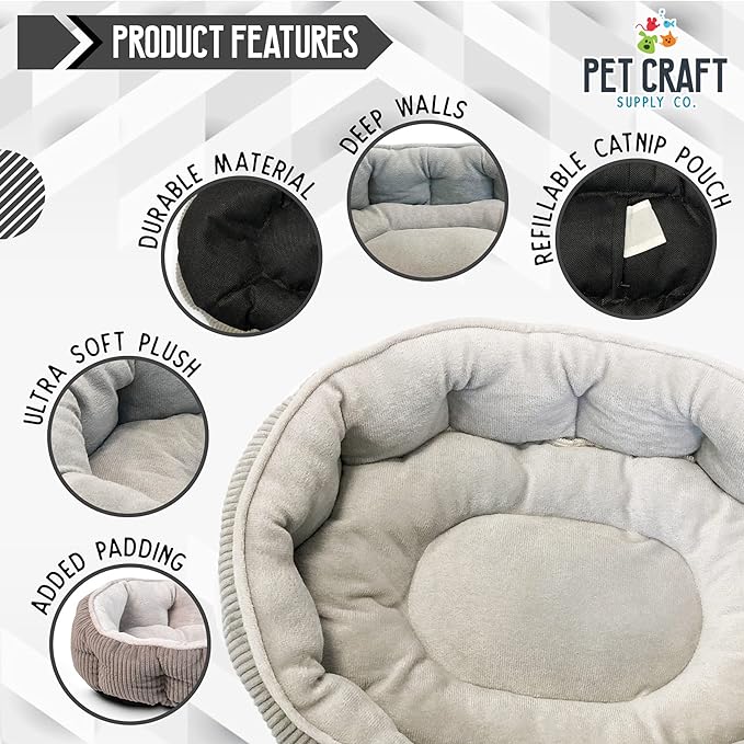 Pet Craft Supply Cat Bed for Indoor Cats - Kitten Bed - Machine Washable - Ultra Soft - Self Warming - Refillable Catnip Pouch,Grey,19x14x5 Inch (Pack of 1)