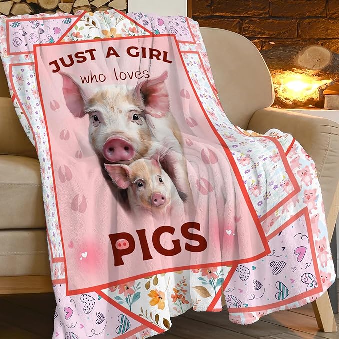 Cute Pig Blanket Just A Girl Who Loves Pigs Throw Blanket Ultra Soft Cozy Fleece Flower Animal Gift Fuzzy Plush Bedding Blankets for Kids Teens Adults Girls Boys Women Men 80"x60"