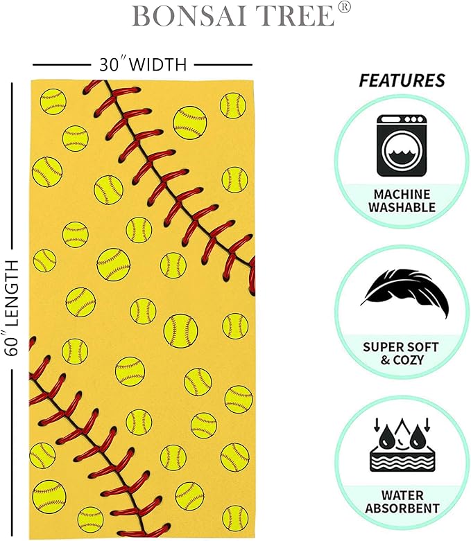 Bonsai Tree Softball Beach Towel, Yellow Microfiber Bath Towel for Women, Sand Free Quick Dry Travel Towels Softball for Women Yoga Sports Adults 30" X 60"