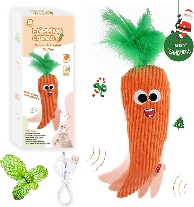 Gigwi Interactive Cat Toys, Rechargeable Flapping Carrot with SilverVine Catnip, Beating Tails Cat Toys for Indoor Cat, Touch Activated Best Gift For Birthday, Thanksgiving, Christmas, New Year