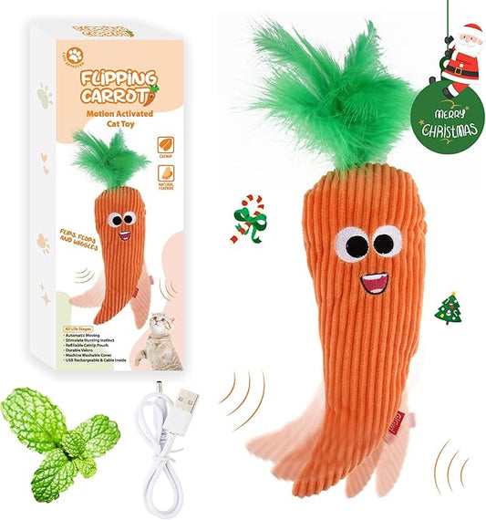 Gigwi Interactive Cat Toys, Rechargeable Flapping Carrot with SilverVine Catnip, Beating Tails Cat Toys for Indoor Cat, Touch Activated Best Gift For Birthday, Thanksgiving, Christmas, New Year
