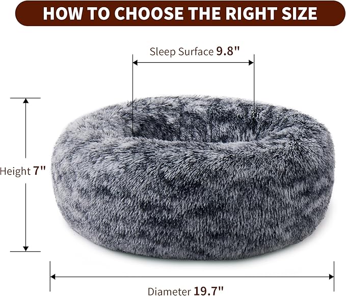 Calming Dog Bed for Cats and Small Dogs, Donut Washable Small Cat Bed for Indoor Cats and Dogs, Anti-Slip Round Fluffy Plush Faux Fur Pet Bed for Small Cats and Dogs (Black White, 19.7'')