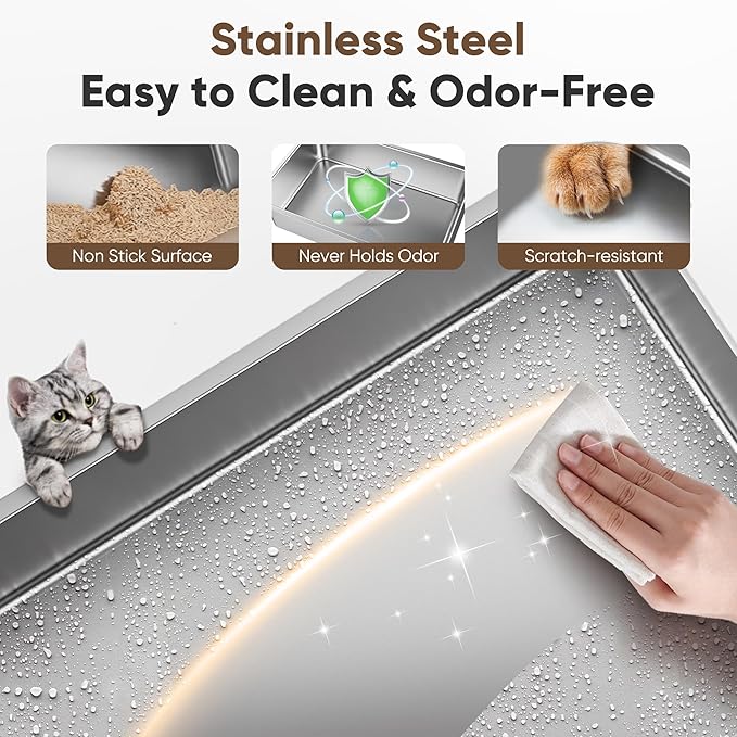16" High Sides Stainless Steel Litter Box with Lid, XL XXL Extra Large Enclosed Metal Litter Box for Big Cats & Kitty, Never Absorbs Odors, Non-Sticky, Anti-Urine Leakage, Easy Cleaning