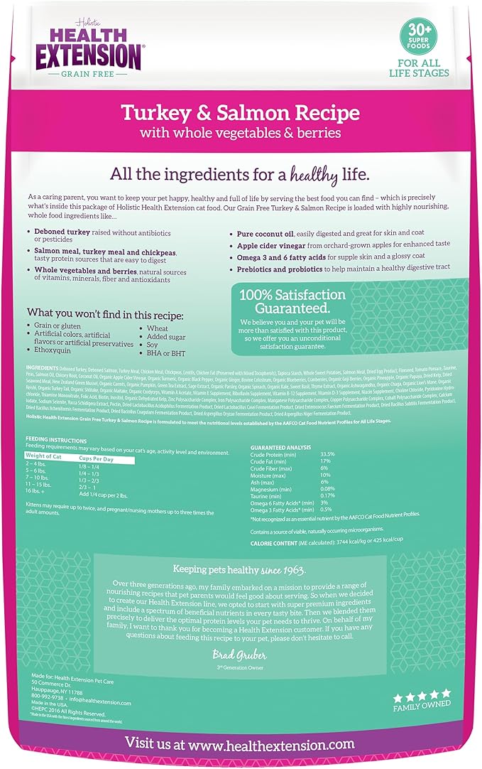 Health Extension Dry Cat Food, (15 lb / 6.8 kg) - Turkey & Salmon Recipe with Whole Vegetables, Berries, Added Vitamins & Minerals, Suitable for All Cats & Kittens