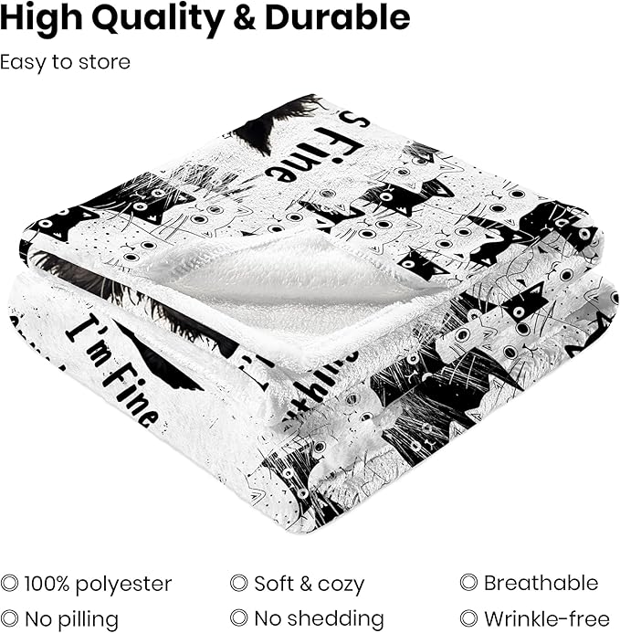 Cat Blanket, Black Cat Gifts for Cats Lovers, I'm Fine Everything is Fine Black Cats Blanket 50"X60", Kitten Lovers Gifts for Women Girls Kids Adults