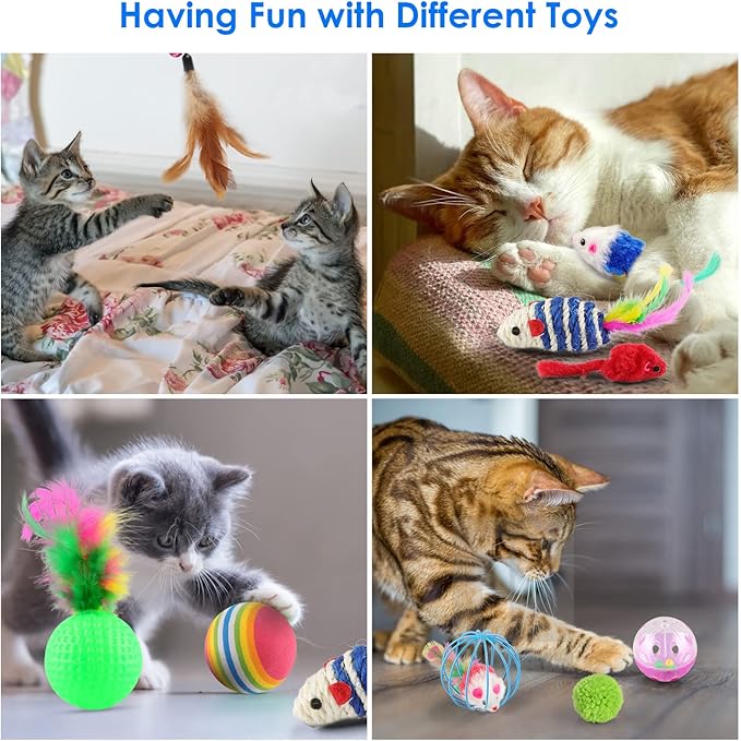 Cat Feather Toys 32PCS Interactive Kitten Toys Assortments, Rainbow Tunnel, Teaser Wand, Crinkle Balls, Bells, Colorful Mice, for Small Breeds
