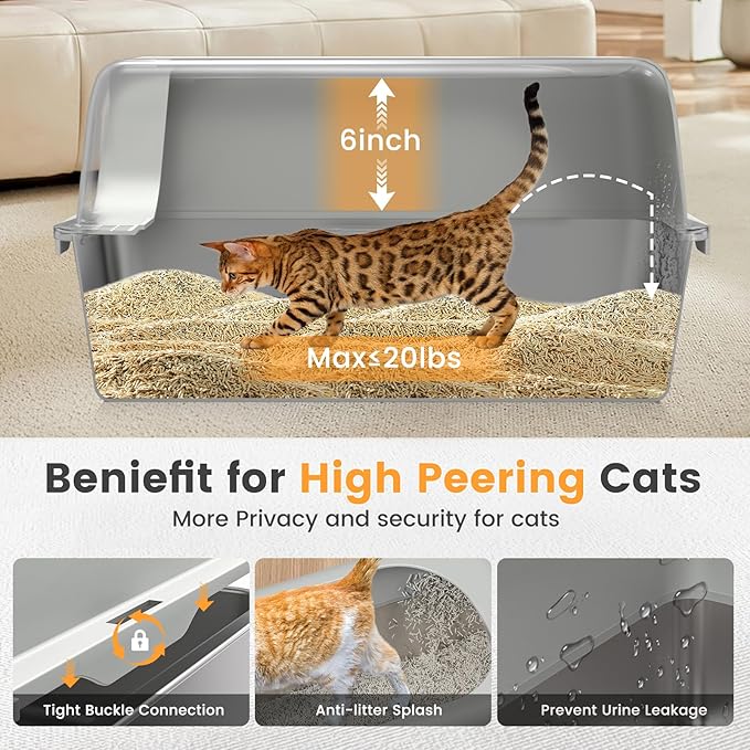 2 Pack Stainless Steel Cat Litter Box, Enclosed Metal Litter Box with Lid, XL Extra Large Cat Litter Box for Big Cats, Non-Sticky High Side Kitty Litter Box (White&LightGrey)