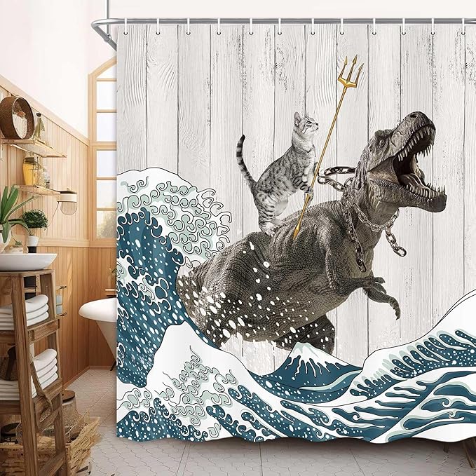 Boziqr Funny Cat Shower Curtain, Cool Cat Dinosaur Japanese Ocean Wave Decor Fabric Bathroom Curtains, Kids Children Rustic Wooden Farmhouse Shower Curtain, 70X70 Inches