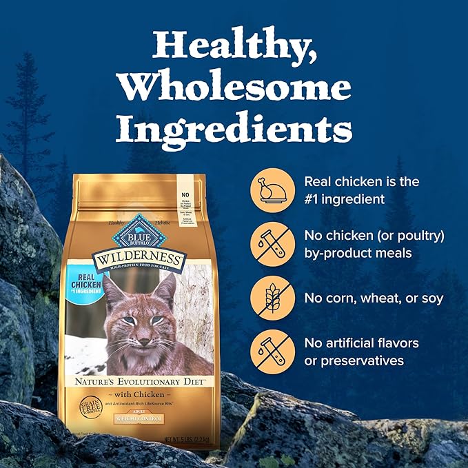 Blue Buffalo Wilderness Weight Control High-Protein, Grain-Free Natural Chicken Dry Food for Adult Cats, 11 lbs.