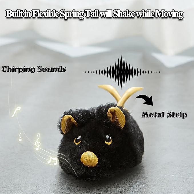 Vealind Cat Toys Rechargeable Mouse with Wagging Tail, Lifelike Squeak Chirping Electronic Mice for Indoor Cats, USB Touch Activated Kitten Toys (Black)