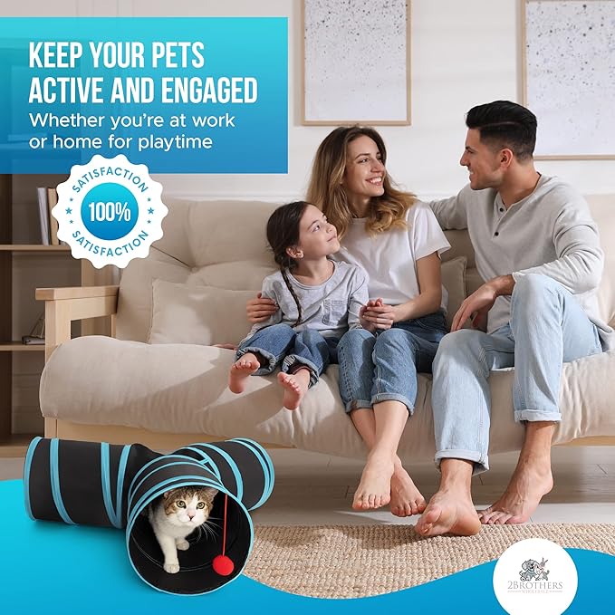 3-Way Cat Tunnels for Indoor Cats - Rabbit Tunnels and Hideouts - Durable and Collapsible Cat Tubes and Tunnels for Active Play (Blue)